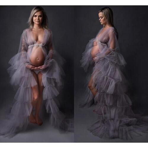 Sexy See Through Tulle Maternity Prom Dresses for Photoshoot or Babyshower Robe Sheer Full Long Evening Party Gowns