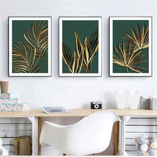 Modern Green And Gold Leaves Wall Art Canvas Painting Abstract Plant Leaf Print Poster Nordic Wall Pictures Living Room Decor