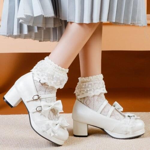 Summer New Women Lolita Style Pumps Sweet Bow Knot Platform Thick Heel Pumps Fashion Buckle Round Toe Dress Spring Womens Shoes