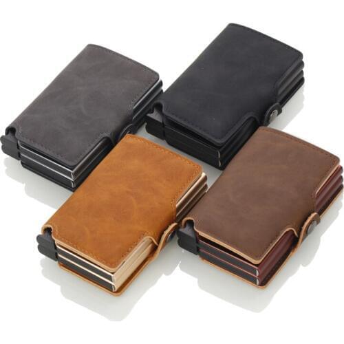 Large Capacity RFID Blocking Men Business Credit Card Holder Metal RFID Double Aluminium Box Vintage Leather Travel Card Wallet
