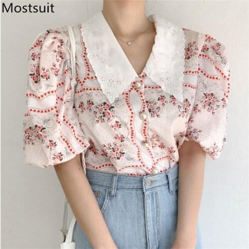 Summer Korean Vintage Printed Women Shirt Blouses Puff Sleeve Turn Down Collar Single Breasted Tops Elegant Fashion Blusas Mujer