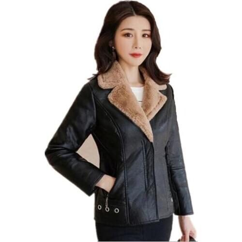 One Fur Leather Jacket Women Autumn Winter Plus Velvet Warm Lamb Wool PU Leather Coat Woman Overcoat High Quality Large Size 3XL