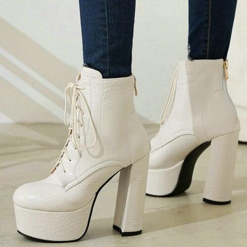 2021 PU Leather Women Ankle Boots Platform Square High Heel Ladies Motorcycle Boots Cross Tied Round Toe Womens Boots Big Size