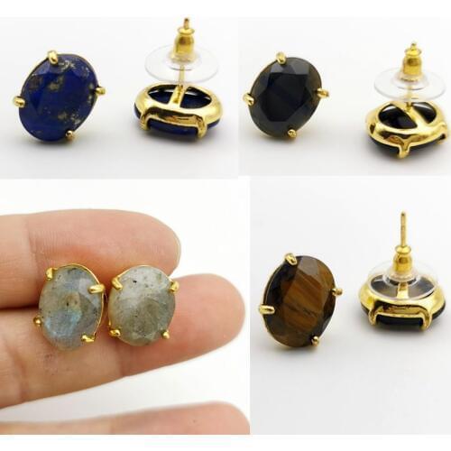 Oval Shape Stud Earrings Silver Color Natural Stone Faceted Pink Quartz Crystal Tiger Eye Healing Jewelry Female