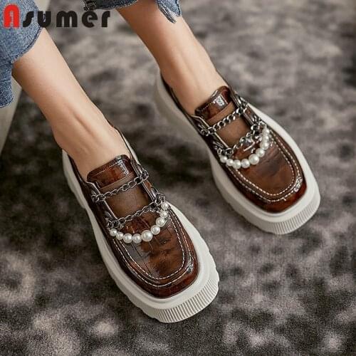 Asumer 2021 New Fashion Platform Shoes Women Genuine Leather Shoes Round Toe Chain Pearl Punk Casual Shoes Women Pumps