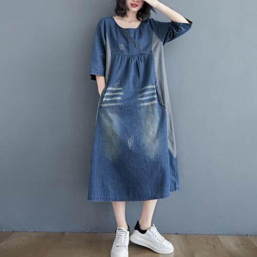 #2456 Spliced Color Denim Dress Women Half Sleeves Casual Vintage Midi Dress Female Loose Denim Blue A-Line Dress Spring Summer