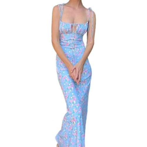 Floral Print Tie Front Backless Sling Slim Women Maxi Dress Sundress for Beach