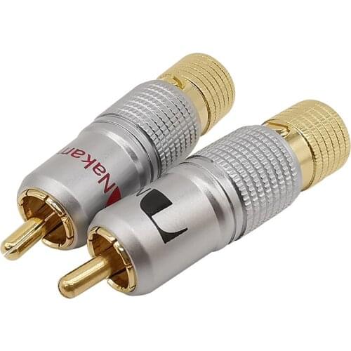 2Pcs/lot RCA Plug Audio Cable Connector 10mm Copper Gold Plated RCA Male Plug Solder-free Terminal Speaker Wire Cable Connectors