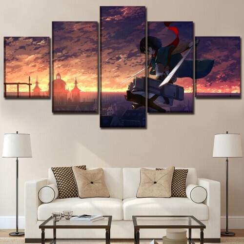 5 Panel Anime Shingeki No Kyojin Mikasa Ackerman Wall Art Posters Canvas Pictures HD Paintings Home Decor Living Room Decoration