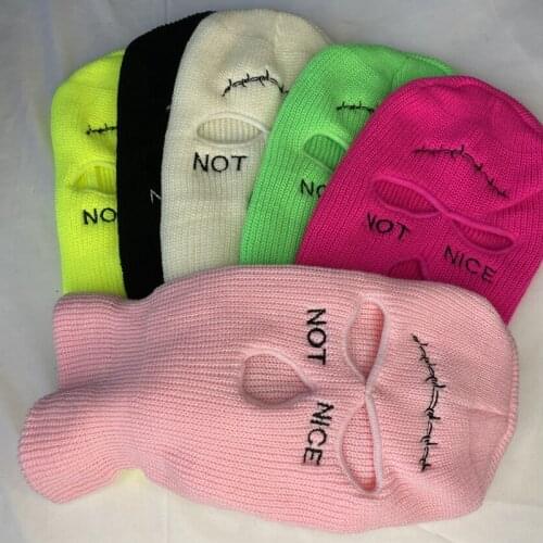 Not Nice Line Letter Embroidery Balaclava Beanie Halloween Party Keep Warm 3 Hole Face Mask Knitted Ski Hip Hop Mask Hat