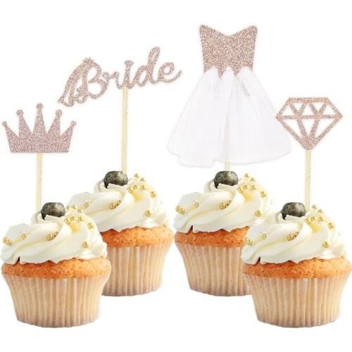 8/16pcs Glitter Diamond Ring Dress Bride Cake Toppers Wedding Paper Cupcake Topper Bridal Shower Birthday Party Decorations