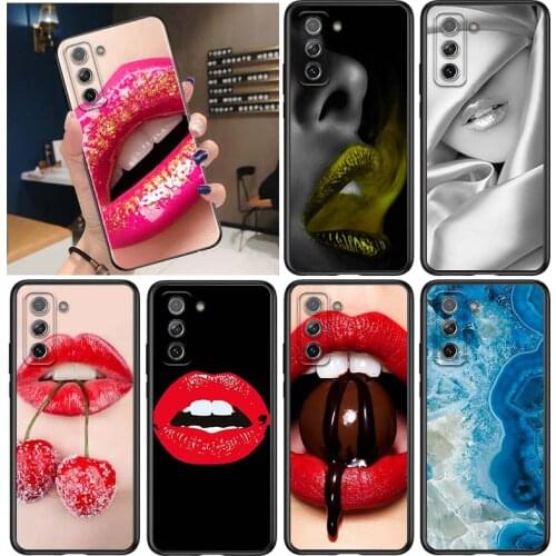 Girl Red Lips for Samsung Galaxy S21 Ultra Plus Note 20 10 9 8 S10 S9 S8 S7 S6 Edge Plus Black Phone Case