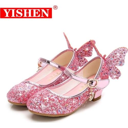 YISHEN Princess Kids Shoes for Girls Flower Casual Sandals Children High Heel Girls Shoes Butterfly Kids Crystal Sandals