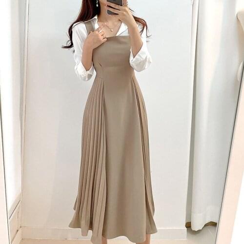 Elegant High Waist A Line Slim OL Camis Dress Women Korean One Piece Square Collar Work Style Office Midi Dress Female Vestidos
