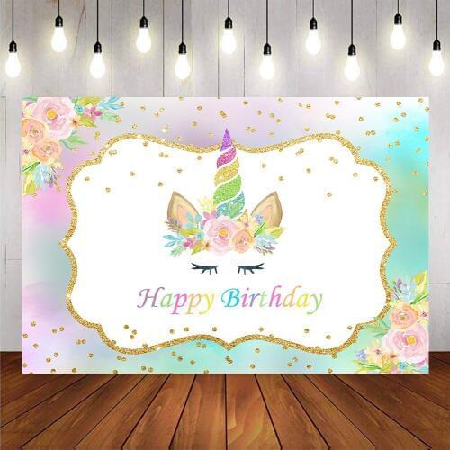 Photography backdrop unicorn newborn baby rainbow background for birthday photophone flowers gold glitter banner photo backdrop