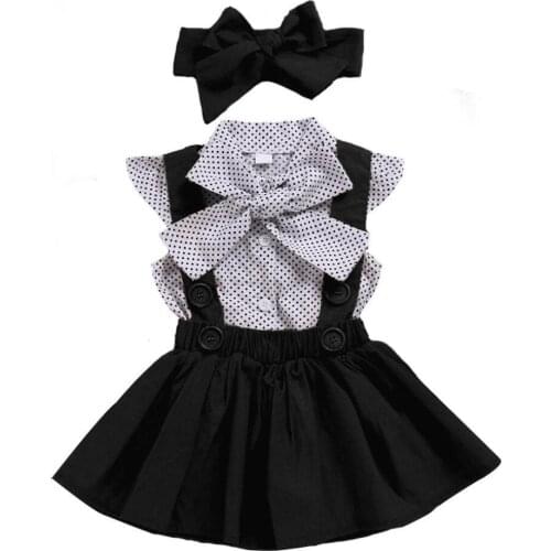 Summer Kids Clothes Suit Polt-Dot Short-Sleeved Shirts + Suspender Skirt Tops Toddler Girls Outfits Fashion Bow 3 Pcs Set