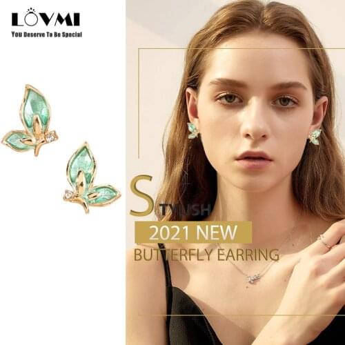 Lovmi 925 Sliver New Hit Daily Fashion Fresh Aquamarine Crystal Butterfly Earrings For Stud Girls Teens Jewerly For Party