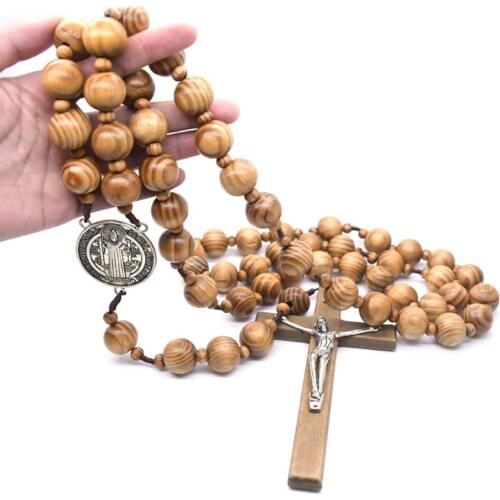 Fashion Handmade Round Wood Bead Catholic Wall Rosary Cross Religious Necklace Christian Jewelry Charm Gift