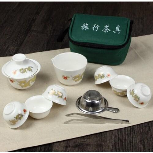 11 Pcs Gaiwan Travel Set Chinese Portable Ceramic Bone China Gaiwan Teacup Porcelain Tea Cup The Kung Fu Travel Tea Set Bag