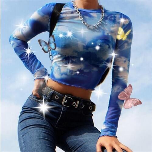 New Hot Womens Sexy Crop Top Printed Mesh See-through Long-Sleeved T-shirt Slim Tops Clubwear Tee Shirt Summer