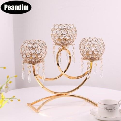 PEANDIM 3-arms Candelabra Golden Candle Holder With Crystal Pendants Votive Holder Party Wedding Centerpieces Decor Crafts