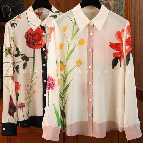 Recommended for both hands! Beautiful skin white rose flower printed silk shirt blouse