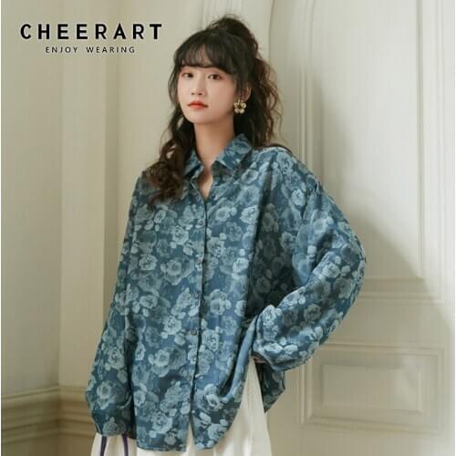 CHEERART Vintage Floral Long Sleeve Blouse Women Loose Top Button Up Collar Shirt Blue Fall 2020 Korean Fashion Clothing