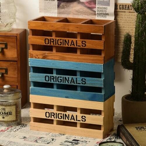 C90C Vintage 3-grids Wood Desktop Pencil Holde Wooden Storage Holder Makeup Tools Organizer Holder Exquisite Gift for Women