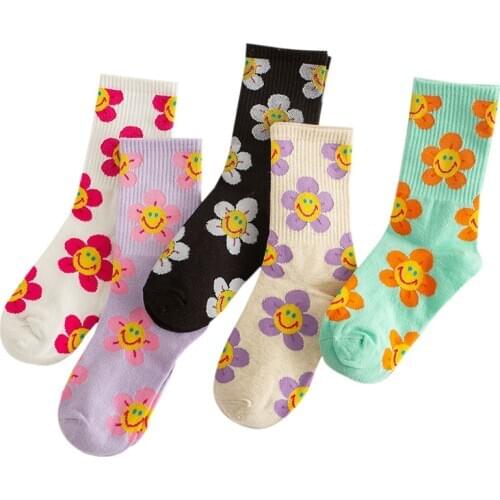 Floral socks cartoon harajuku kawaii happy funny cute white cotton women calcetines woman skarpetki kobieta skarpety mujer sock