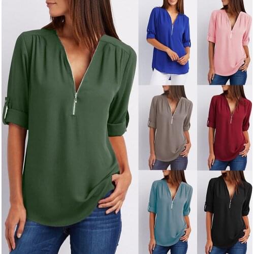 Vintage Blouse Female Lady Autumn Fashion Shirt Casual Office Lady Sexy Solid Color Zipper V Neck Half Sleeve Shirt Loose Blous