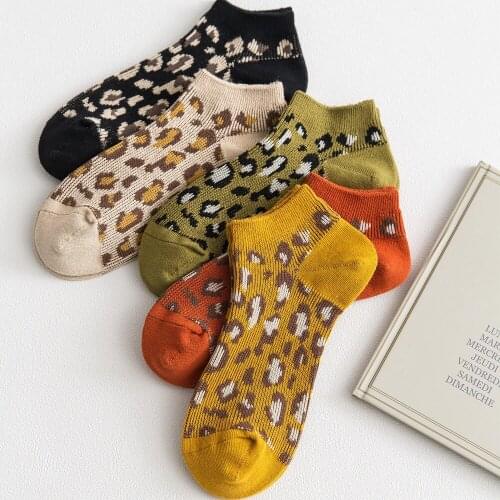 Womens Boat Socks Spring And Summer New Leopard Print Socks Double Needle Double Way Korean British Style Japanese Cotton Socks