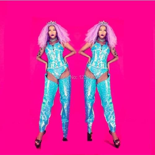 Blue Color Nightclub DJ DS Women Stage Performance Costumes With Wigs Crown Evening Party Event Dress Dance Team Clothes Outfit