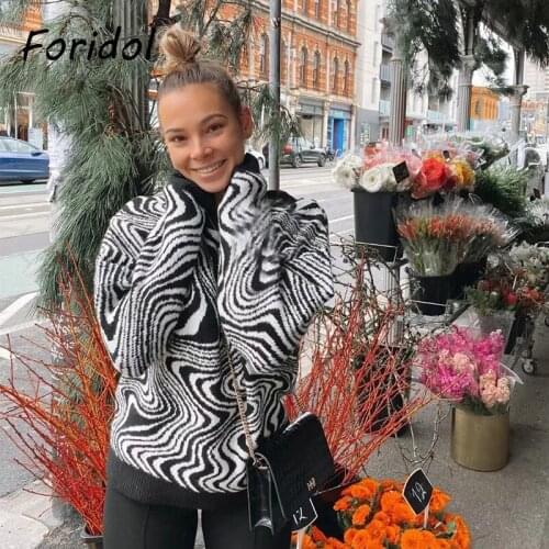 Foridol Zebra Printed White Black Pull Femme Casual Oversize Autumn Sweater Jumper Winter Women Suter Mujer 2021 Vintage