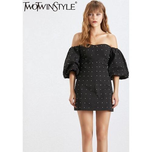 TWOTWINSTYLE Diamonds Patchwork Womens Dress Slash Neck Off Shoulder Lantern Sleeve High Waist Mini Party Dresses Female 2020