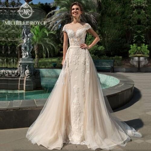 Michelle Royce 2 In 1 Wedding Dresses 2020 Scoop Sexy Illusion Short Sleeve Button Detachable Train Bride Gowns Vestido De Novia