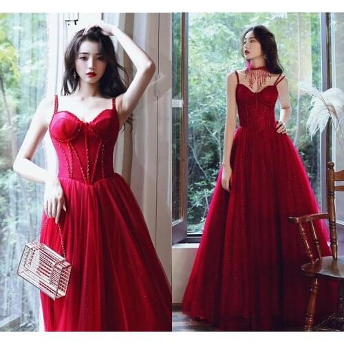 2020 Women Wine Red Evening Dress Formal Tulle Dresses Sweetheart Strapse Beaded Prom GraduationParty Dress