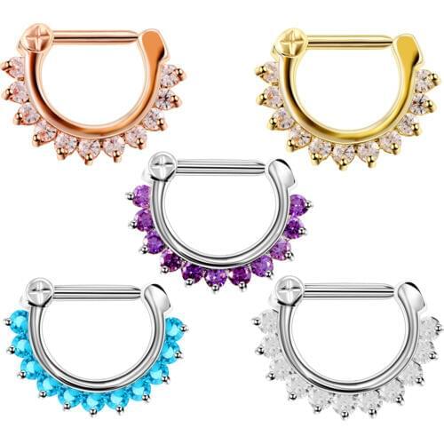 1PC Stainless Steel Colorful Crystal Gem Tribal Hinged Nose Septum Clicker Nipple Ear Cuff Piercing Ring Charming Jewelry 16g