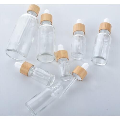 100pcs natural bamboo cap Clear Glass Dropper Bottle Aromatherapy Liquid serum/essential basic massage oil Pipette Refillable