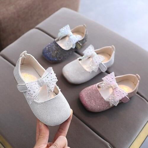 2021 Fashion Crystal Bow Baby Casual Leather Shoes Children Dresses For Kids Spring Toddler Girls Dance Shoes Female Party 1-6