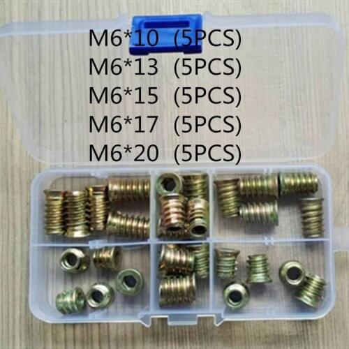 25Pcs/set M6*10/13/15/17/20 Zinc Alloy Thread For Wood Insert Nut Flanged Hex Drive Head Furniture Nuts Assortment Kit