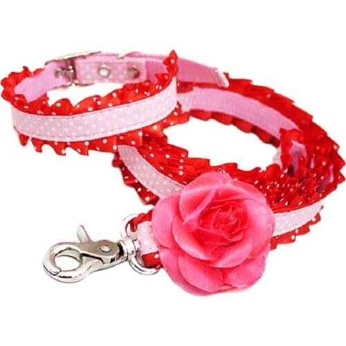 Free shipping beauty princess camellia adjustable lace dog collar+leash pet outdoor products pink