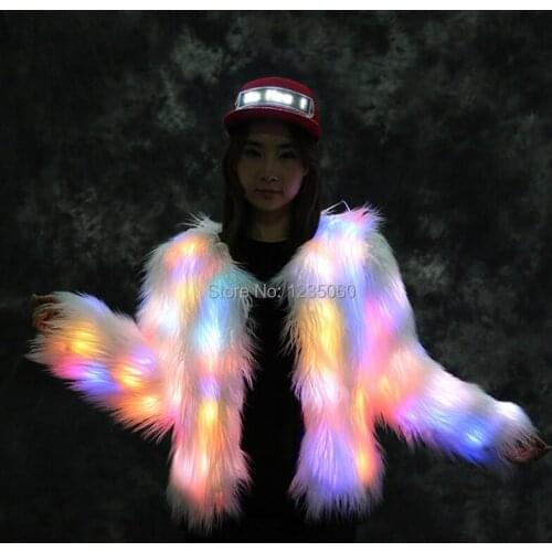 Led Light Shining Faux Fur Coat Decorative Overcoat Dance Christmas Party Jacket For Dancer Singer Star Nightclub