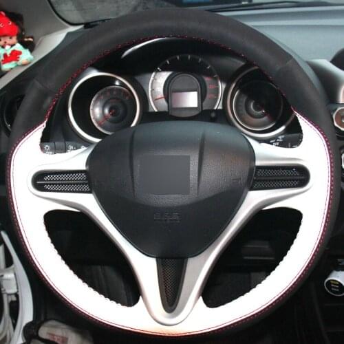 White Leather Black Suede Hand-stitched Car Steering Wheel Cover for Honda Fit 2009-2013 City Jazz