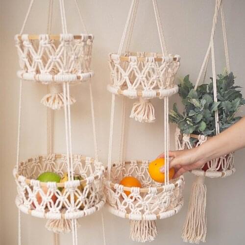 Handmade Flower Pot Cotton Rope Home Vintage Decor Plant Hanging Basket Garden Plant Hanger Pot Tray Fruit Storage Container