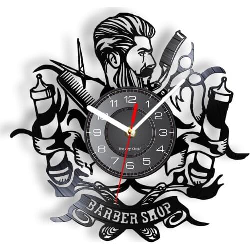 Barber Shop Decorative Wall Clock Barber Haircutting Tools Trichromatic Column Icon Vintage Vinyl Timepiece Best Gift to Barbers