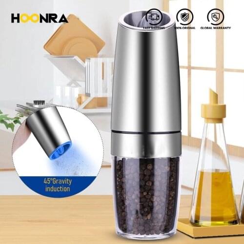 HOONRA Electric Pepper Mill Gravity Induction Stainless Steel Salt Spice Grinder LED Light Kitchen Tool