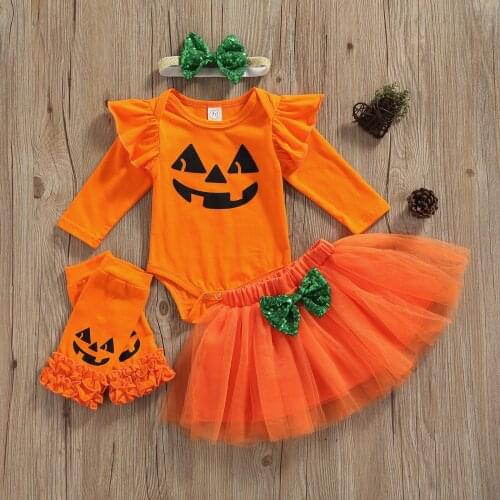 0-24M Baby Girls 4Pcs Halloween Outfit Pumpkin Print Long Sleeve Romper + Mesh Bubble Skirt + Leggings + Headwear Clothes Set