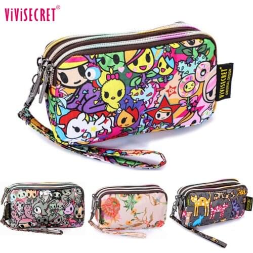 Fashion Women Handbag Wristlet Organizer Wallet Cute Cartoon Printing Clutch Bag Pencil Case Floral Coin Phone Purse Pouch