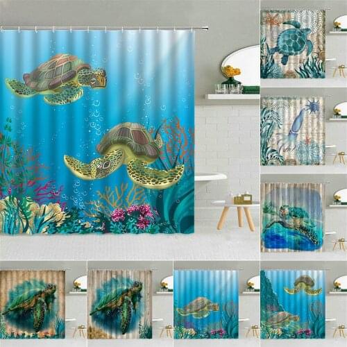 Cartoon Sea Turtle Shower Curtains Funny Ocean Animal Underwater World Scenery Seaweed Coral Bath Decor Waterproof Cloth Curtain