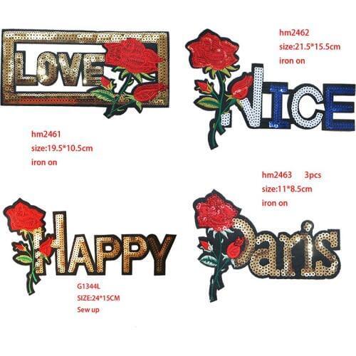 Happy with roses sequin icons icon Embroidered Iron on Patches for Clothing DIY Stripes Clothes Patchwork Stickers Custom Badges